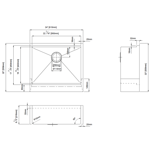 FORM PLUS 0023 KITCHEN SINK DIMENSIONS 24X22X85