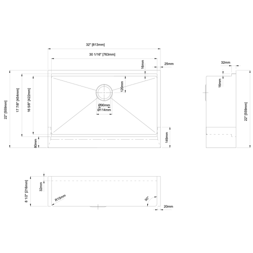 FORM PLUS 0029 KITCHEN SINK DIMENSIONS 33X22X85