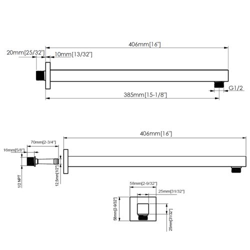 FORM PLUS 0052 16 SQUARE SHOWER ARM DIMENSIONS
