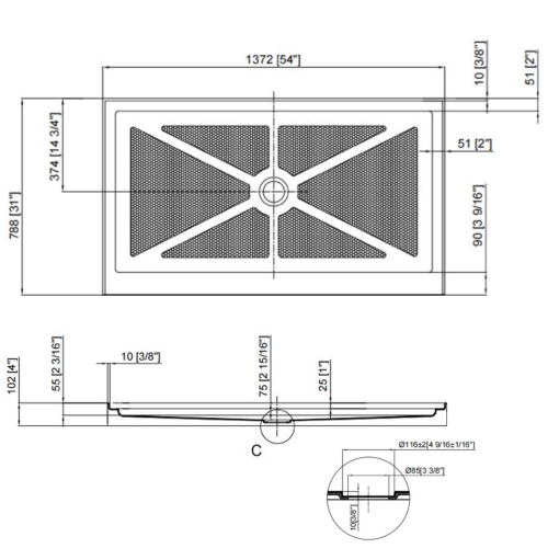 FORM PLUS SHOWER BASE 54X31 SINGLE THRESHOLD CENTER DRAIN