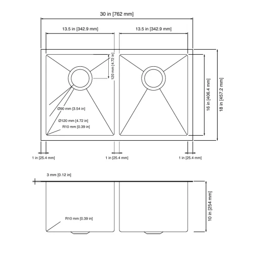 50/50 Double Bowl Sink — 30x18x10 — Dimensions