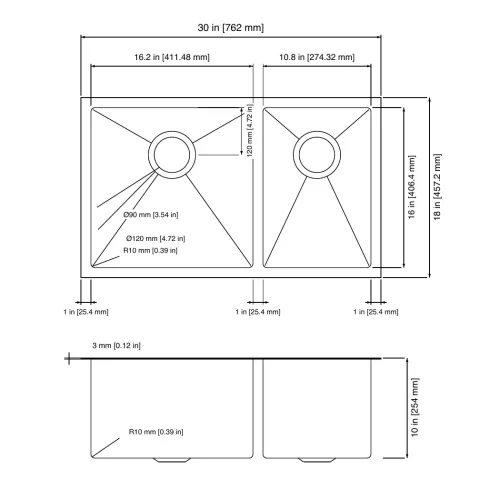 60/40 — Right Side 40% Double Bowl Sink — 30x18x10 — Dimensions