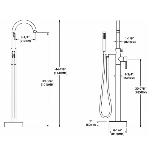 FP FREESTANDING BATHTUB FAUCET DIMENSIONS