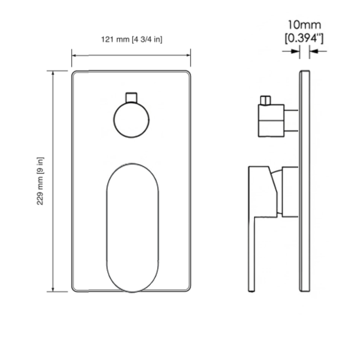 Nass V3 trim plate drawing: 121 mm (4 3/4 in) wide, 229 mm (9 in) high, 10 mm (0.394 in) thick