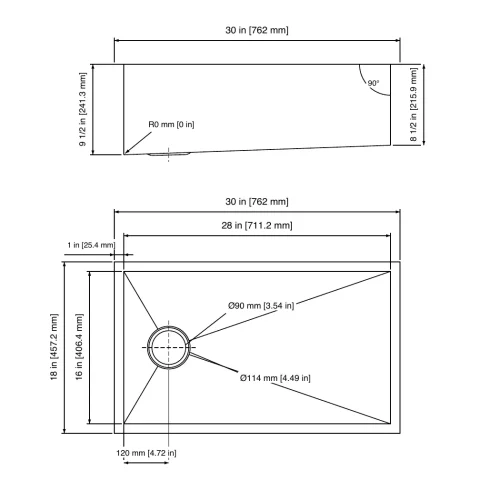 30 by 18 inch offset-drain sink drawing with R0 corners and 9½ to 8½ inch sloped bowl depth