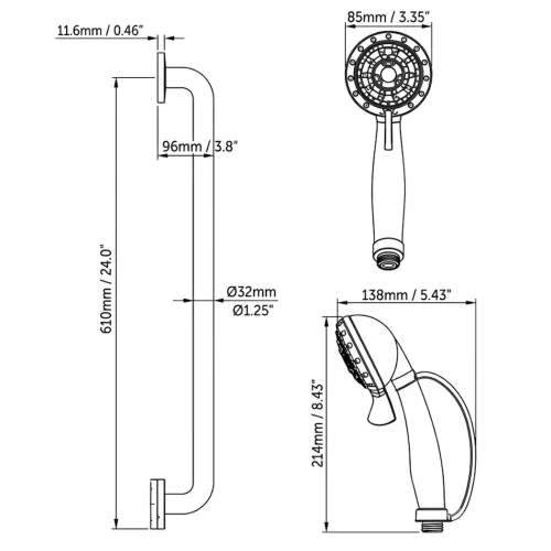 FP SHOWER WAND GRAB BAR DIMENSIONS