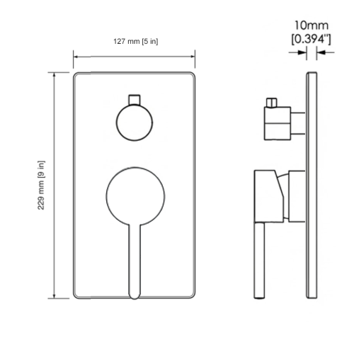 Solis V3 shower control trim kit dimension drawing: 127 mm (5 in) wide by 229 mm (9 in) high